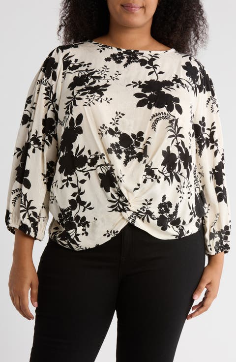 Floral Long Sleeve Twist Front Top (Plus)