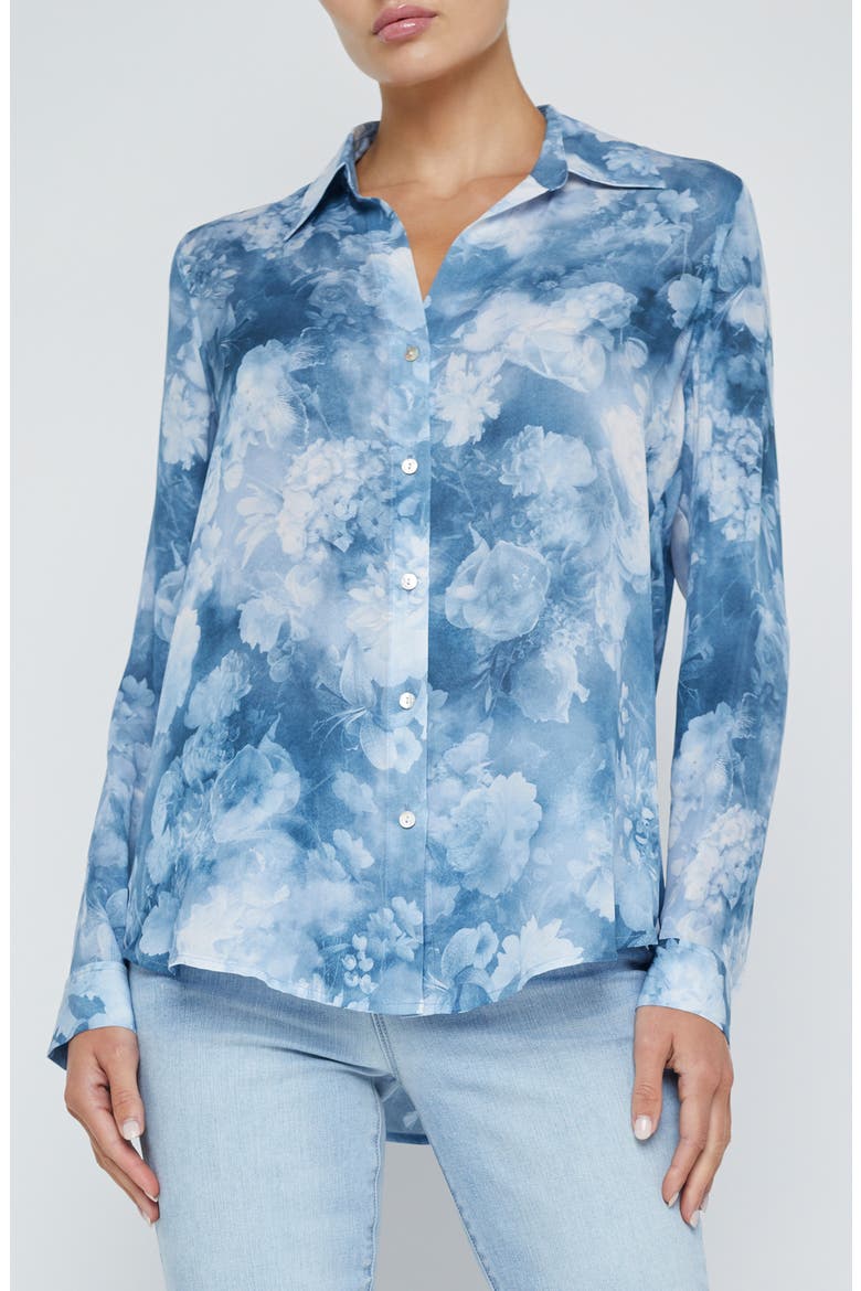 Nina Floral Print Silk Button-Up Shirt, Main, color, DUSTY BLUE CLOUD SOFT FLORAL