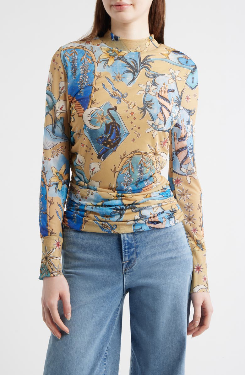 FARM Rio Mystical Sand Mixed Print Tulle Top, Main, color, Blue