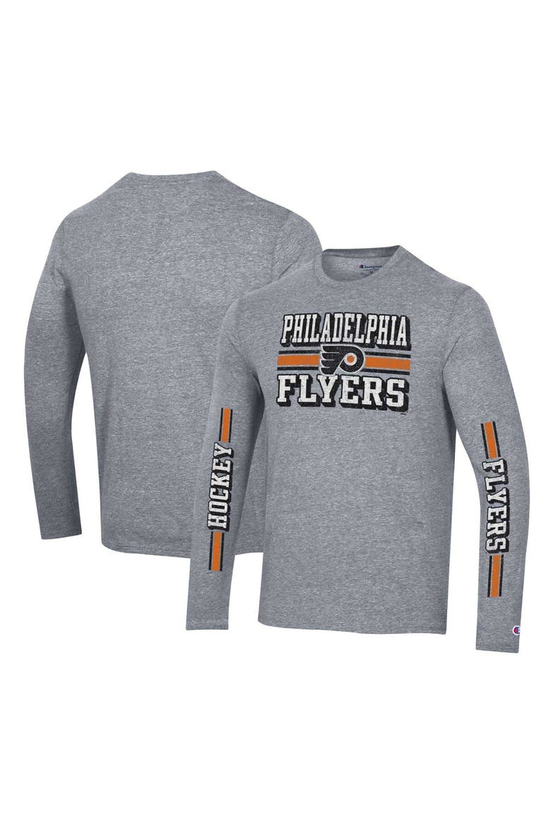 Men's Champion Heather Gray Philadelphia Flyers Tri-Blend Dual-Stripe Long Sleeve T-Shirt, Main, color, Heather Gray