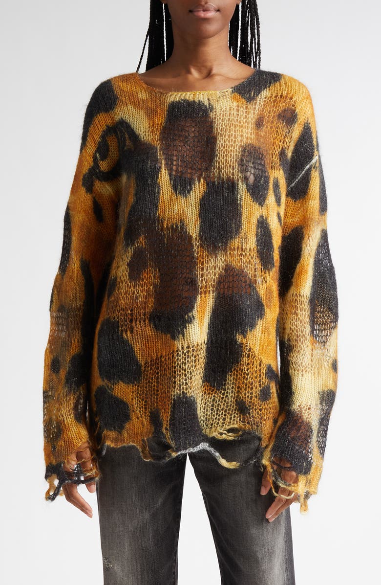 R13 Distressed Leopard Print Boyfriend Sweater, Main, color, 
