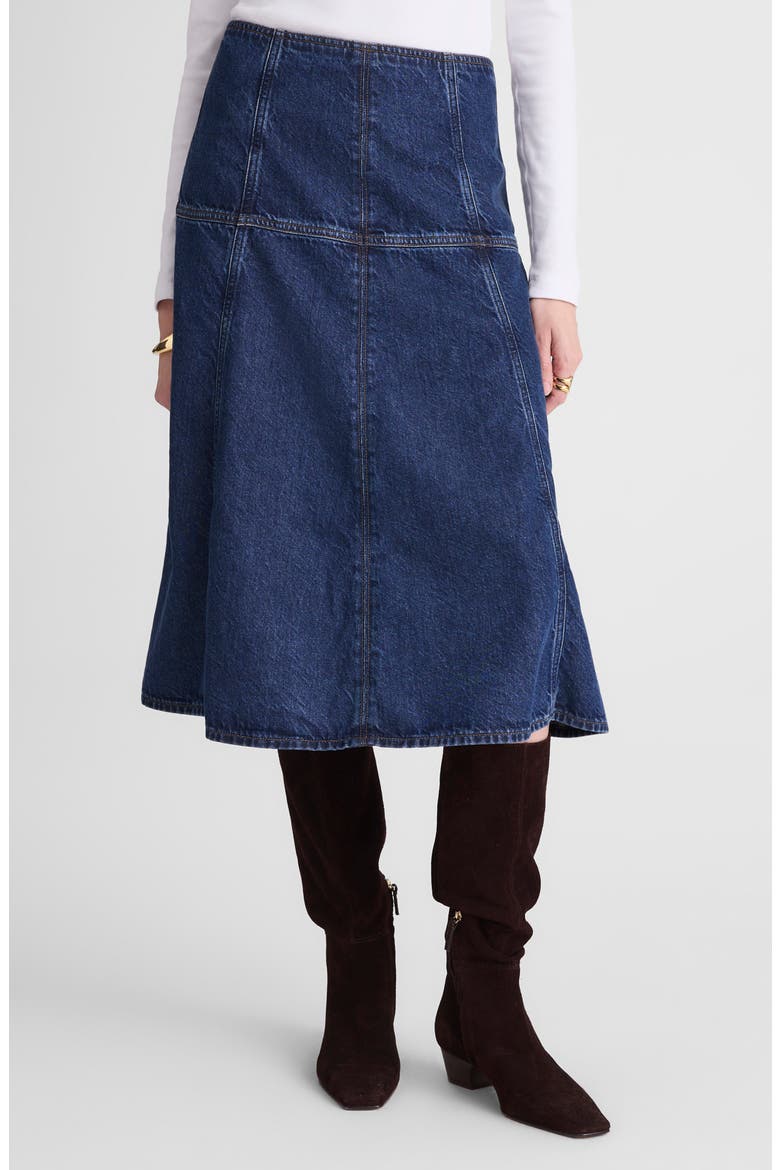 Denim Fit & Flare Midi Skirt, Main, color, MCKINNEY WASH