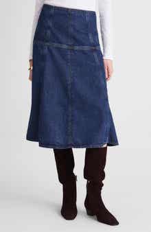 Denim Fit & Flare Midi Skirt