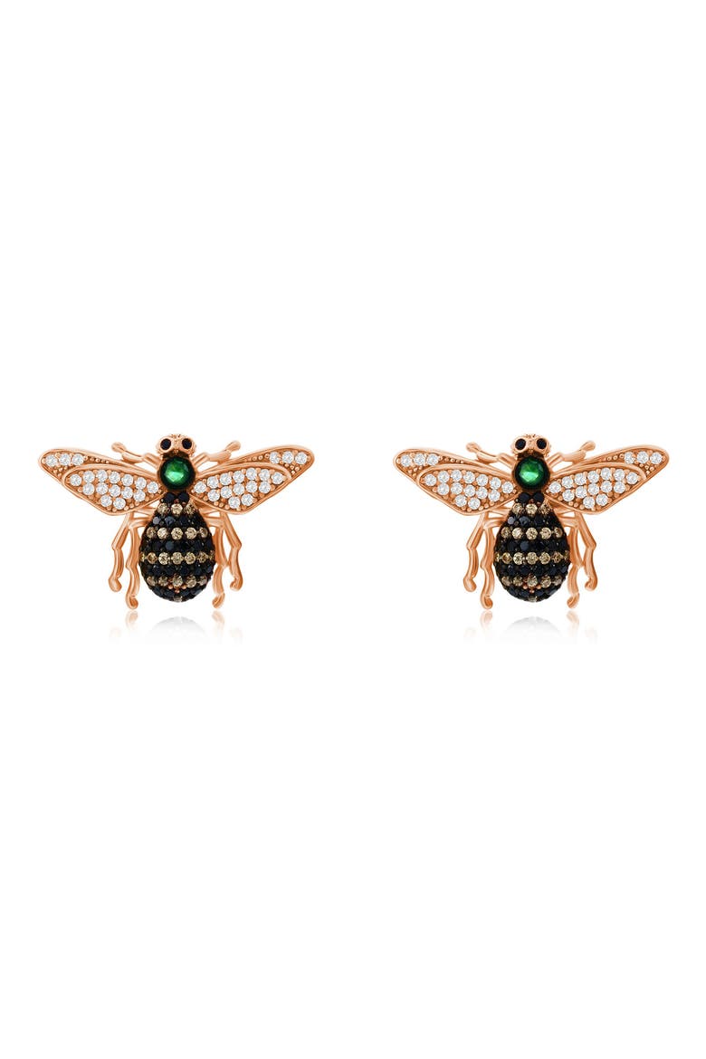 Pavé Cubic Zirconia Bumblebee Stud Earrings, Main, color, BLACK/ ROSE GOLD