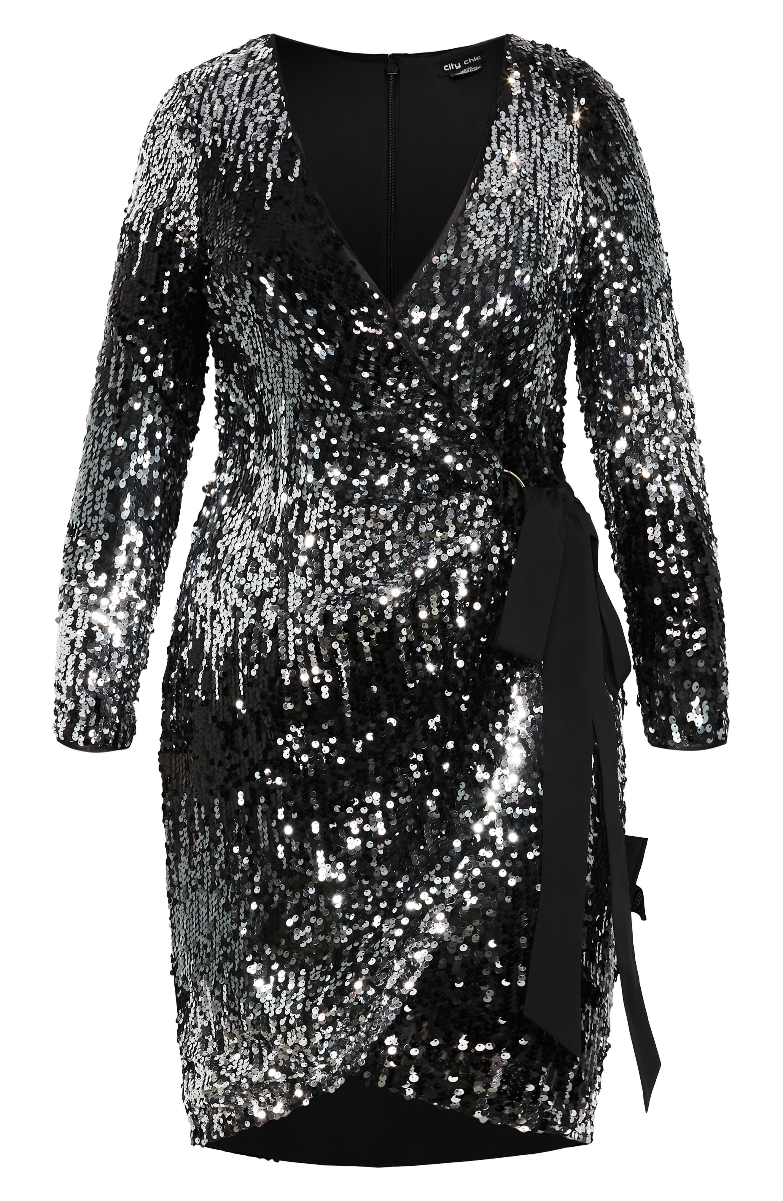 City Chic Arielle Long Sleeve Sequin Wrap Front Dress In Multi