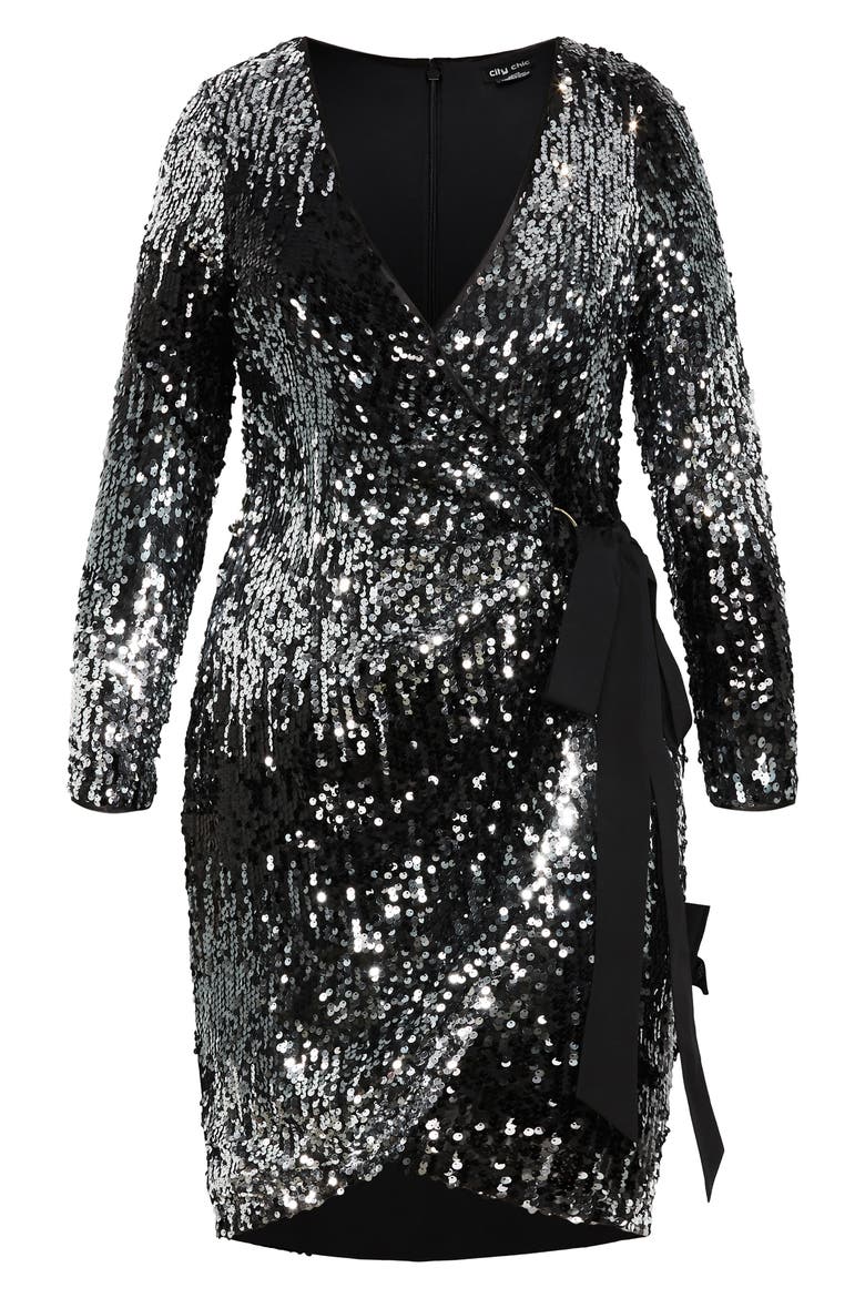 Arielle Long Sleeve Sequin Wrap Front Dress, Alternate, color, PRINT