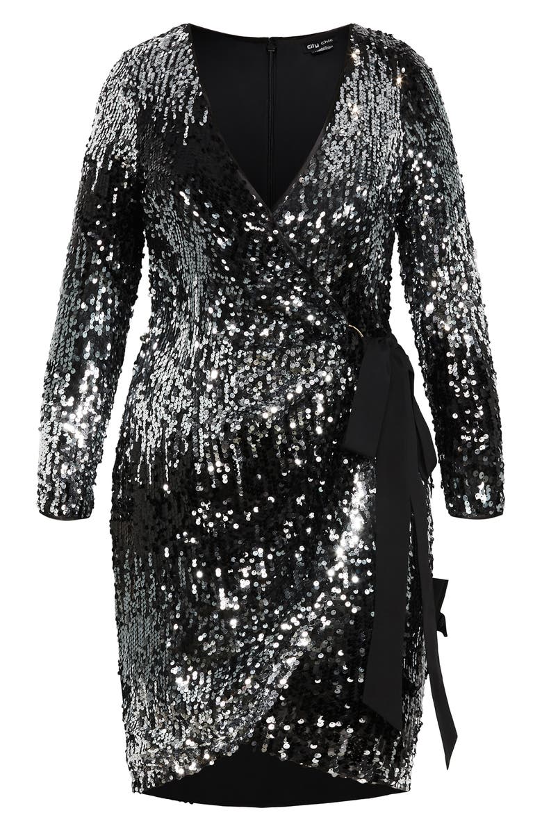 City Chic Arielle Long Sleeve Sequin Wrap Front Dress, Main, color, Print