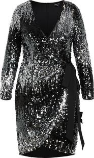 City Chic Arielle Long Sleeve Sequin Wrap Front Dress