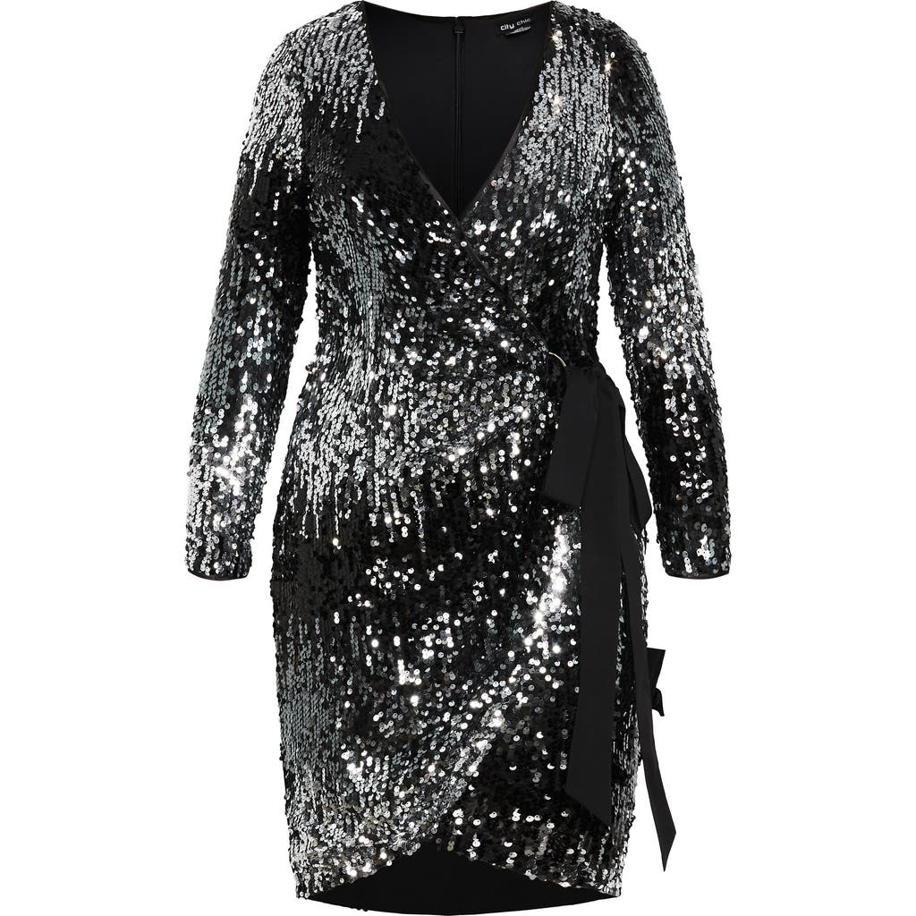 City Chic Arielle Long Sleeve Sequin Wrap Front Dress In Multi