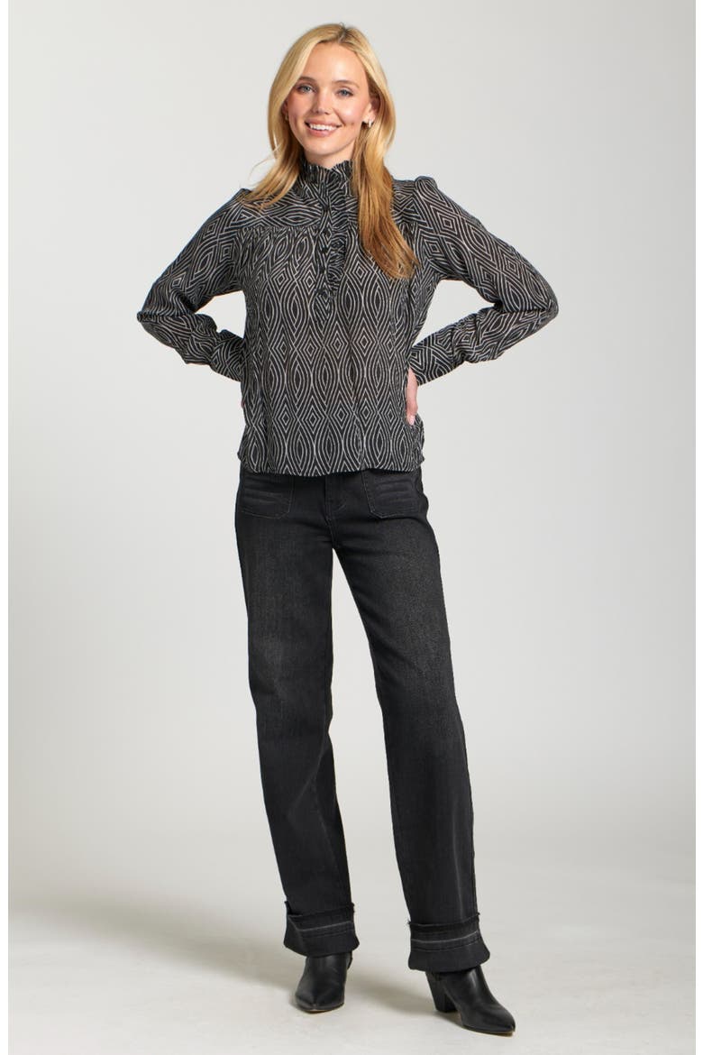 Ruffle Half-Placket Shirt, Alternate, color, BLACK/ WHITE