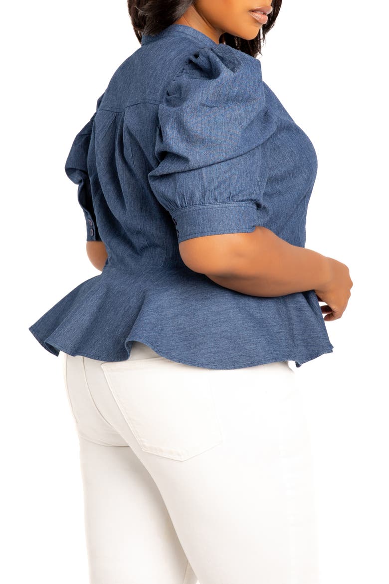 Puff Sleeve Peplum Denim Shirt, Alternate, color, DENIM BLUE