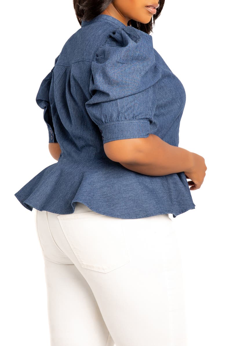BUXOM COUTURE Puff Sleeve Peplum Denim Shirt, Alternate, color, 