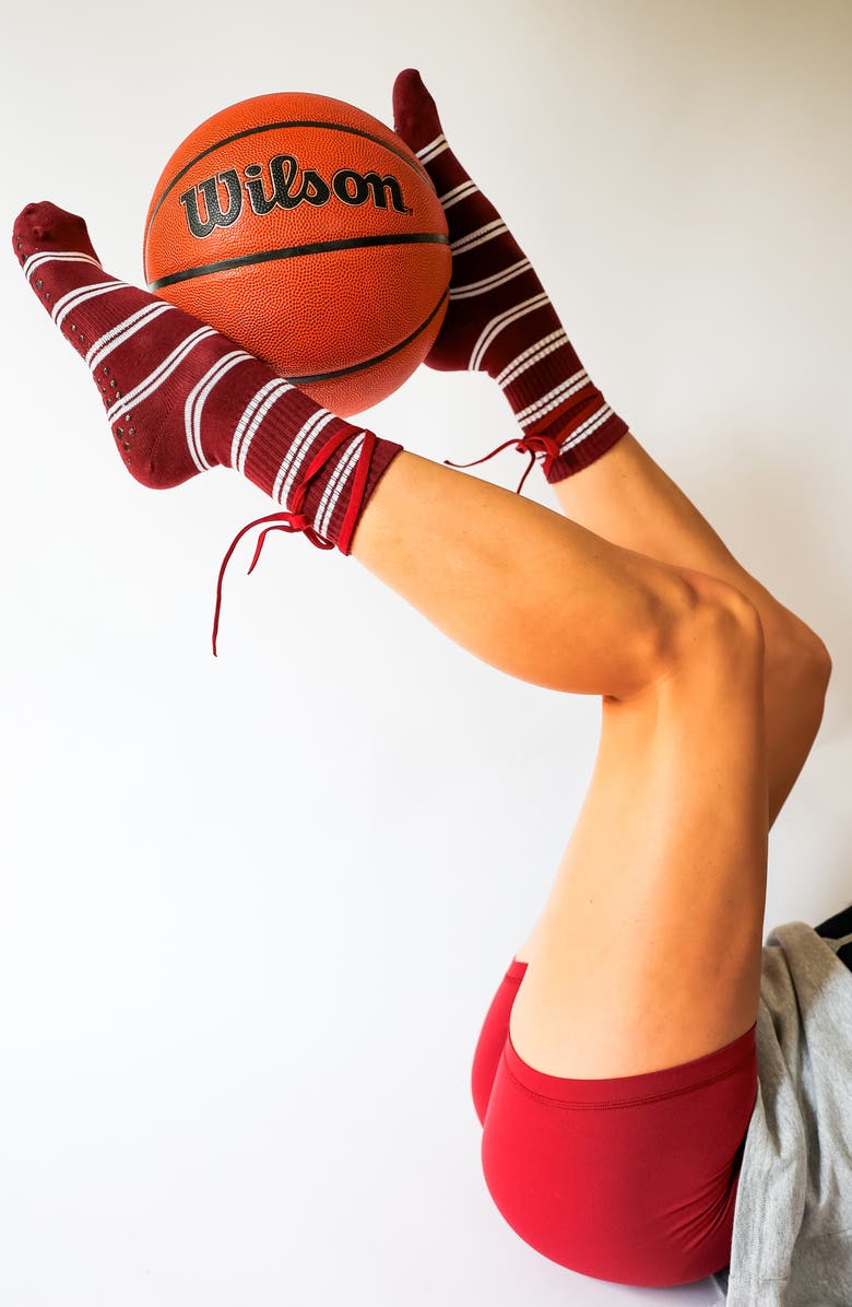 Pilates University 1883 Assorted 2-Pack Sporty Ballerina Nonslip Grip Crew Socks, Alternate, color, Hunter Green/ Burgundy