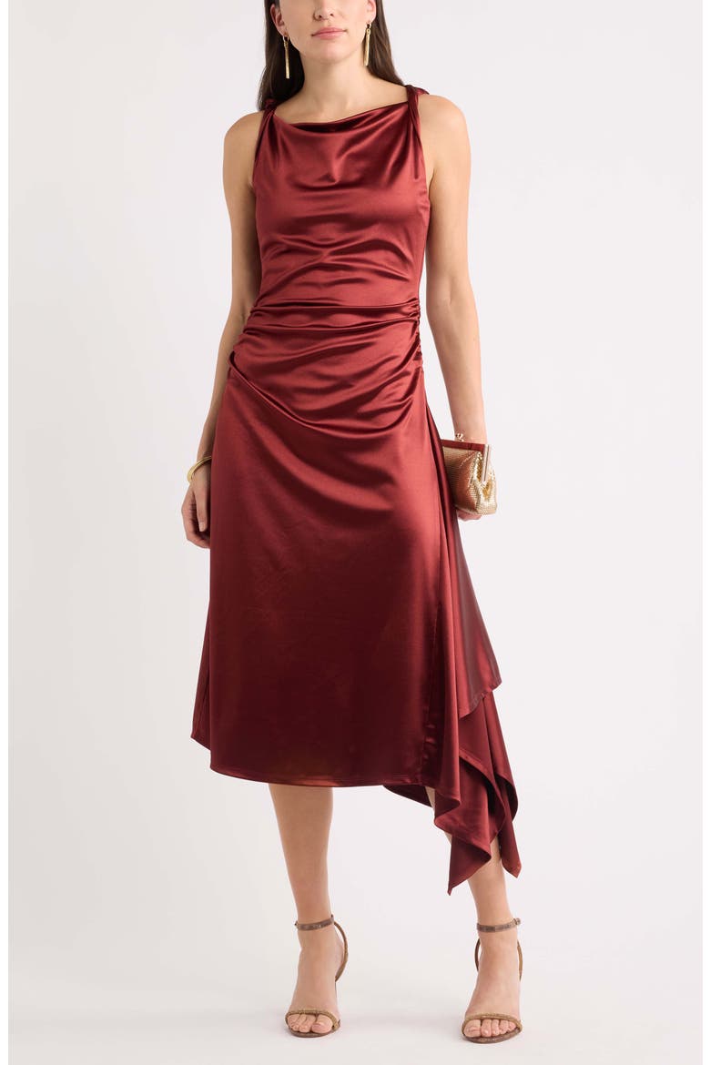 Ruched Asymmetric Satin Midi Dress, Main, color, RED PEAR