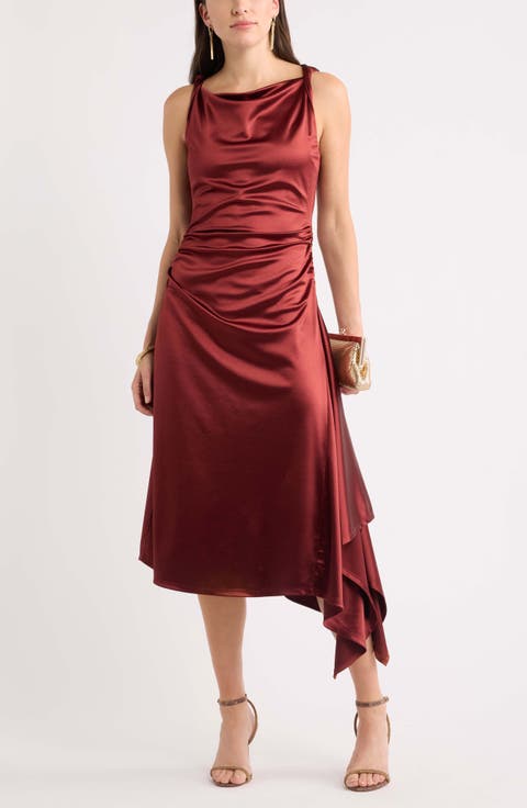 Ruched Asymmetric Satin Midi Dress