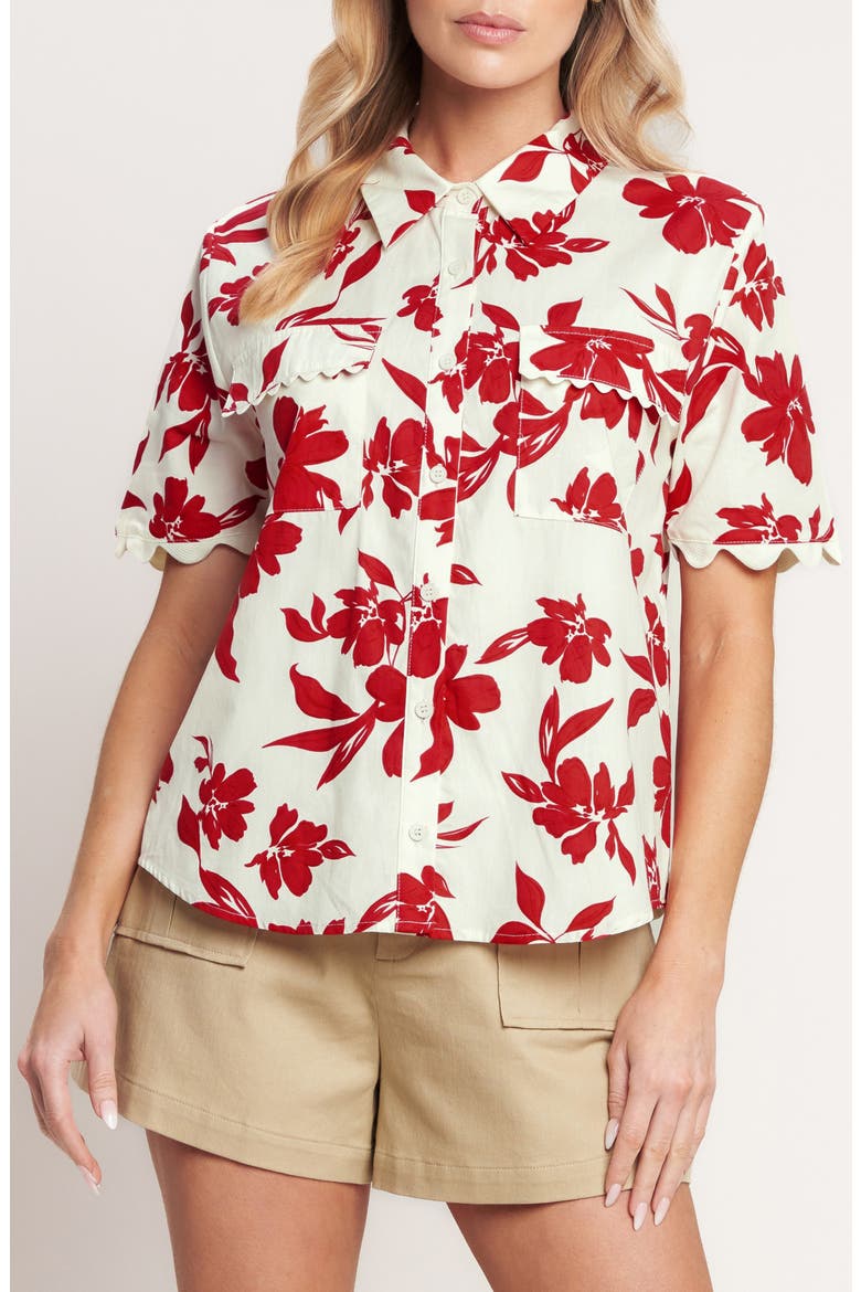 Floral Short Sleeve Button-Up Shirt, Main, color, OFF WHITE/ RED
