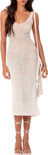 Kiluex Womens Sheer Knit Maxi Dress Summer Hollow Out V-Neck