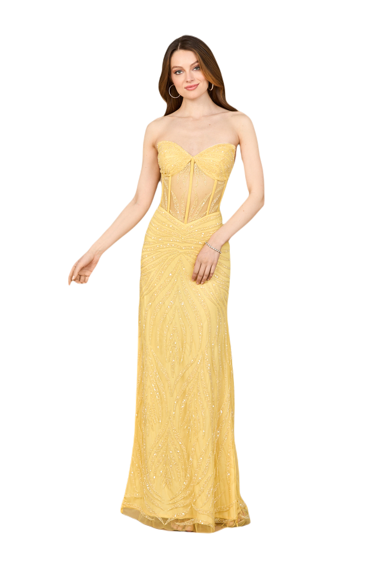 Beaded Corset Prom Dress with Slit, Main, color, Lemon
