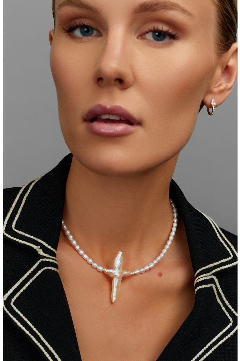 Pearl Cross Choker Necklace, Alternate, color, White