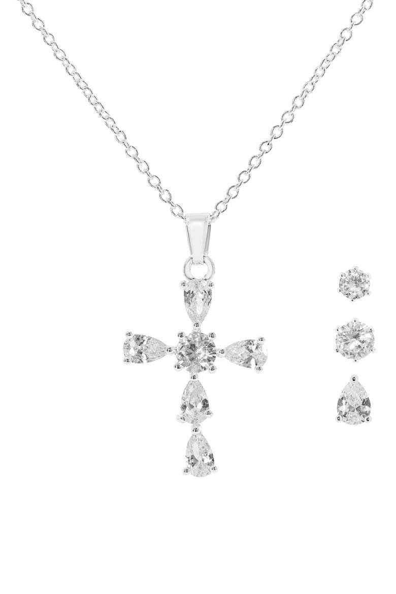 CZ Cross Pendant Necklace & Earrings Set, Alternate, color, SILVER