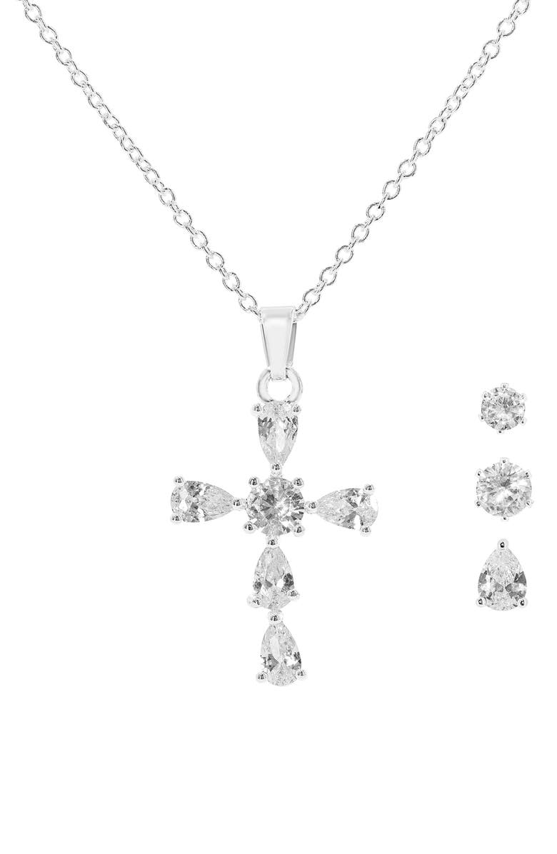 Danecraft CZ Cross Pendant Necklace & Earrings Set, Alternate, color, 