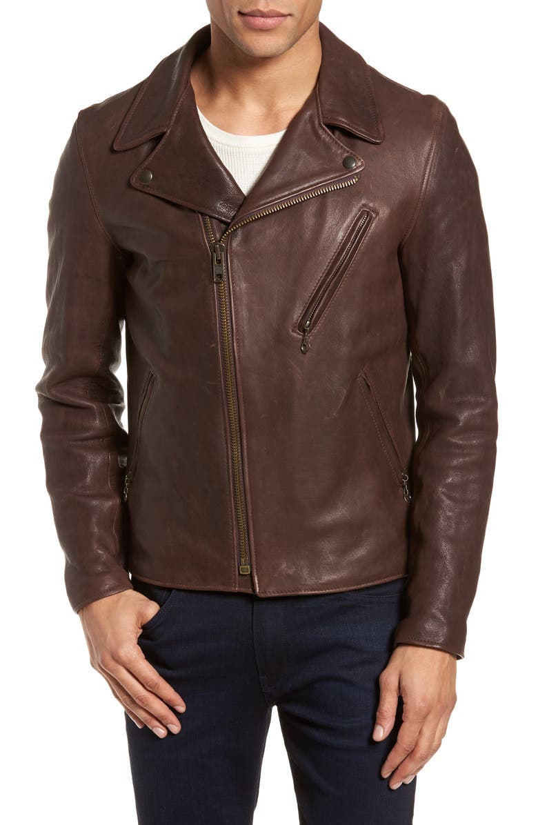 Schott NYC Leather Moto Jacket, Alternate, color, Brown