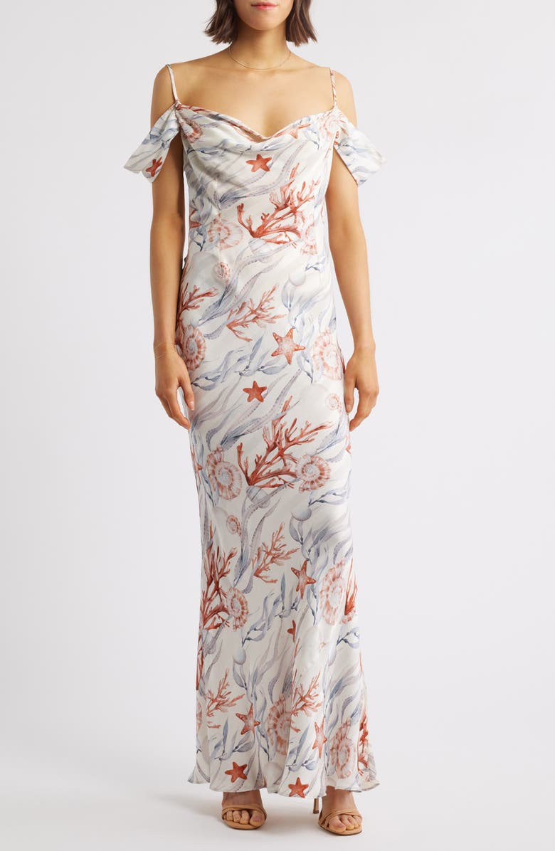 Sonya Moda Del La Mer Drape Cold Shoulder Gown, Main, color, White/ Marine Print