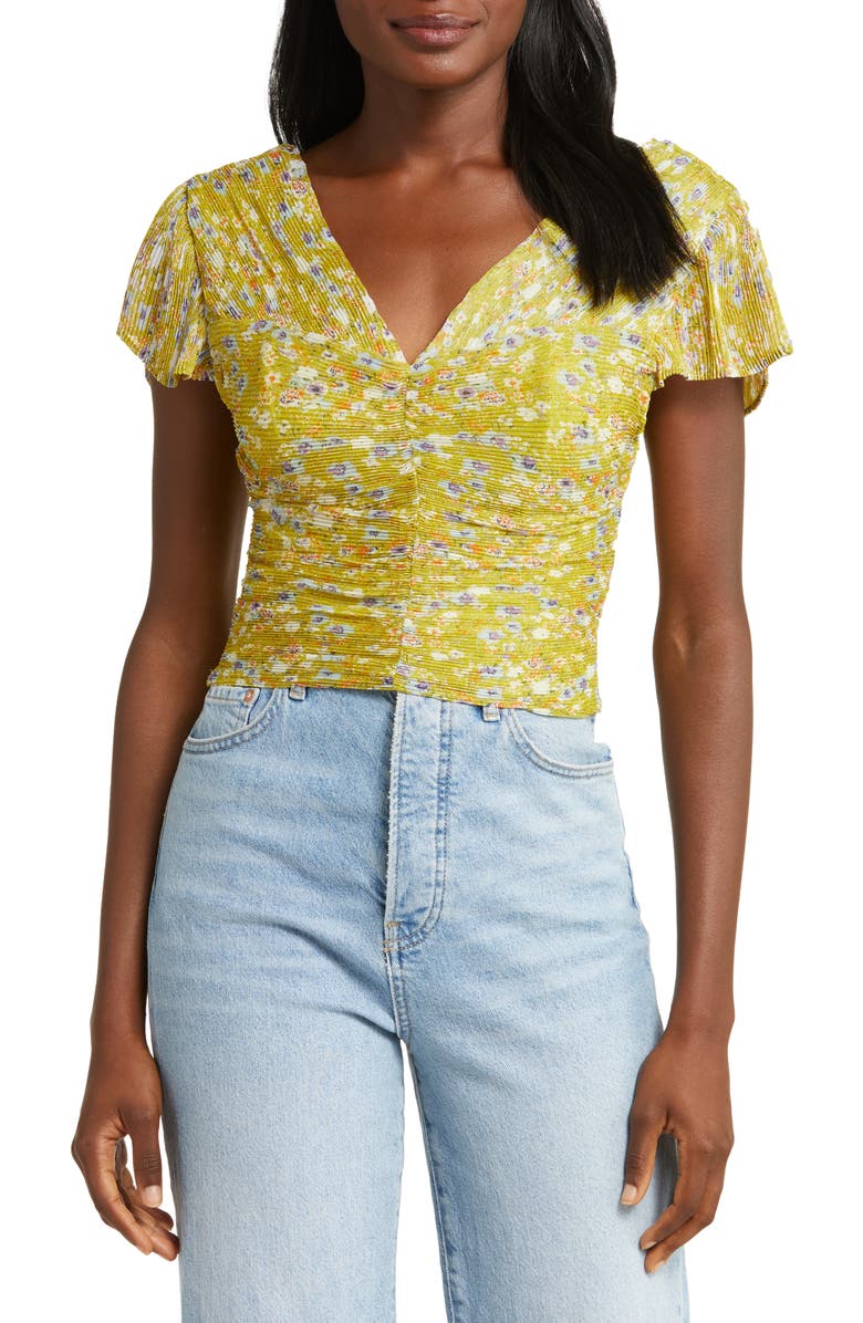 ASTR the Label Floral Plissé V-Neck Crop Top, Main, color,