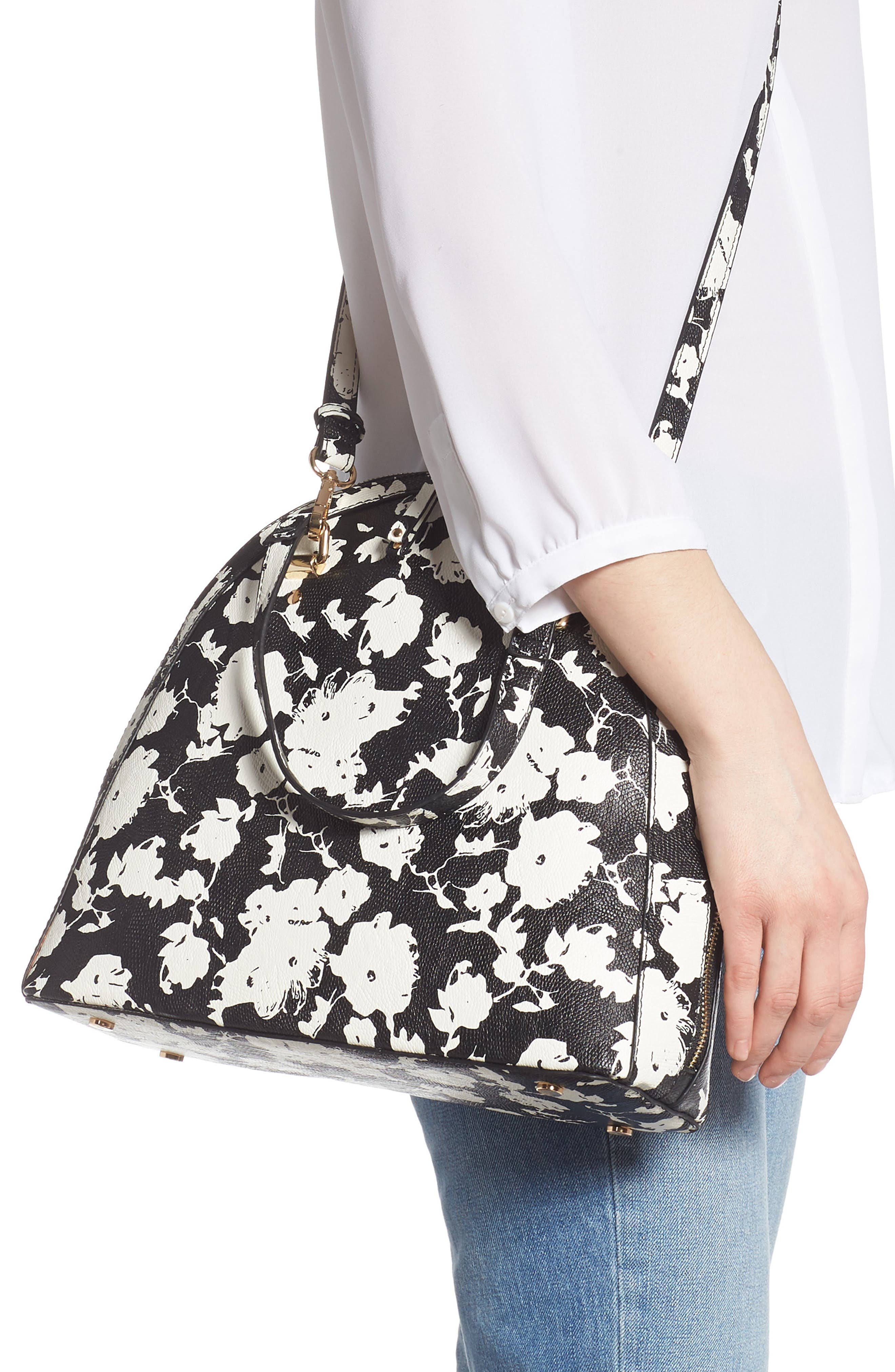 Dwani Faux Leather Satchel, Alternate, color, BLACK FLORAL