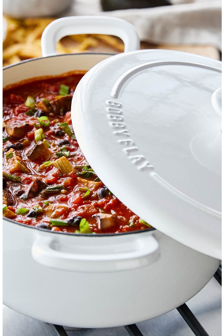 x Bobby Flay 5.5-Quart Enameled Cast Iron Dutch Oven, Alternate, color, CREAM