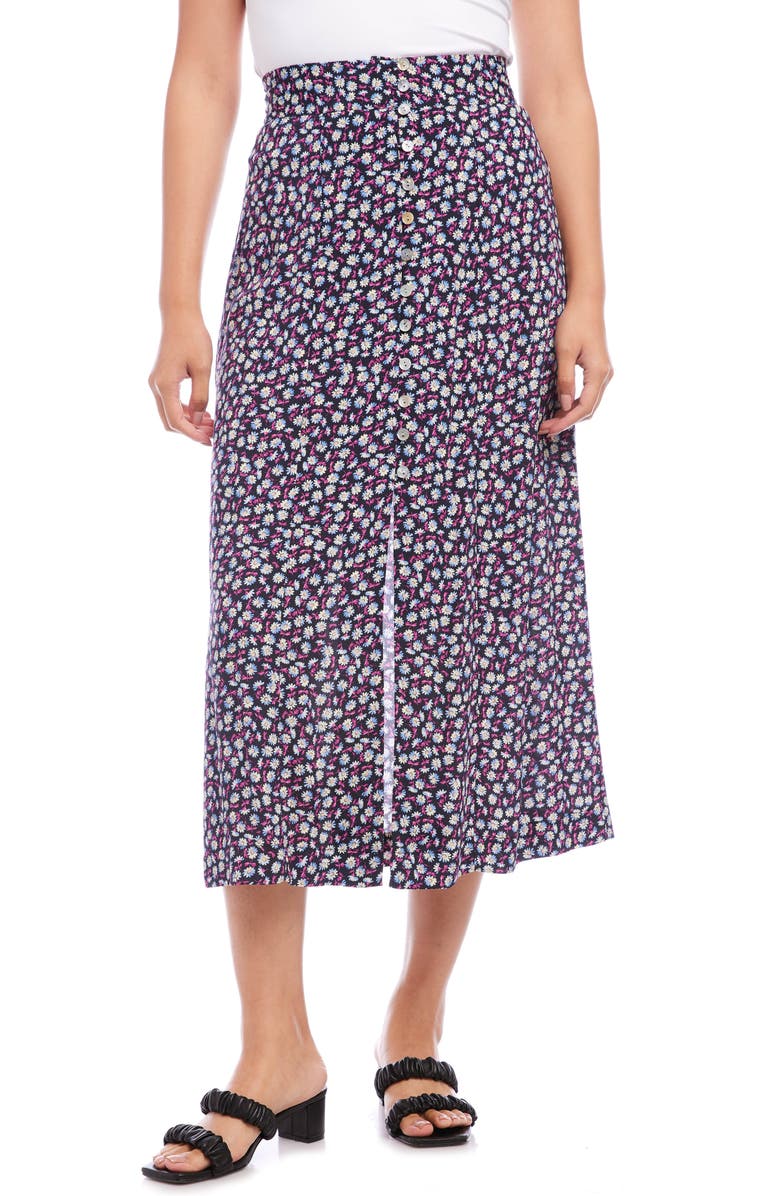 Karen Kane Floral Print Front Button Midi Skirt, Main, color,