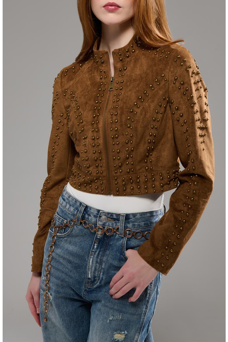 Silza Studded Faux Suede Moto Jacket, Main, color, BROWN