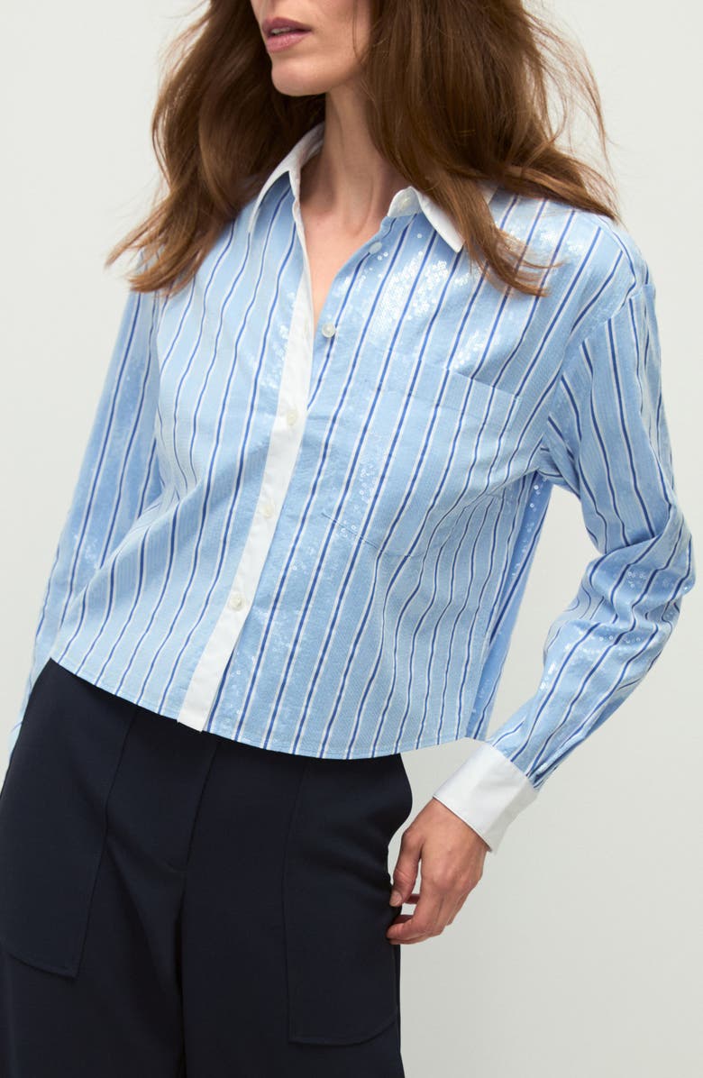 Veronica Beard Maia Sequin Detail Stripe Cotton Blend Button-Up Shirt, Main, color, 