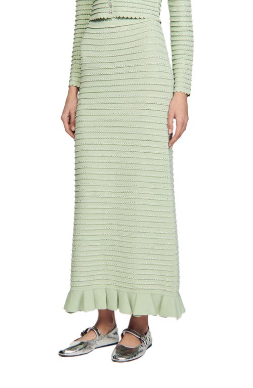 Sandro Rhinestone Knit Maxi Skirt In Almond Green