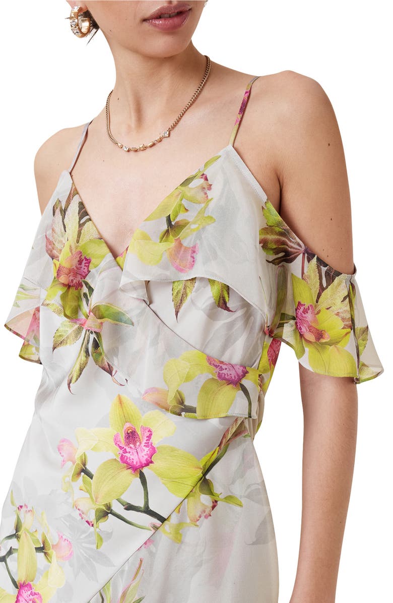 AllSaints Grace Floral Cold Shoulder Asymmetric Dress, Alternate, color, Adena Soft Pink