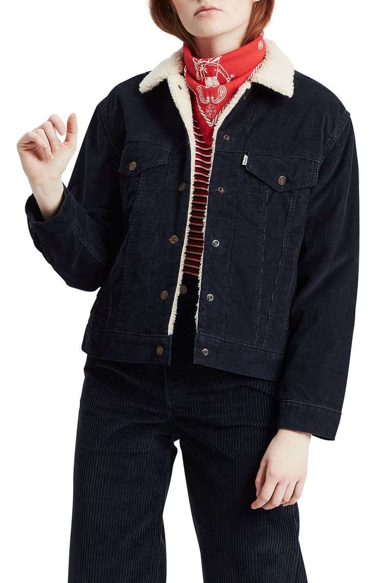 Levi's<sup>®</sup> Ex-Boyfriend Faux Shearling Lined Corduroy Trucker Jacket, Main, color, 