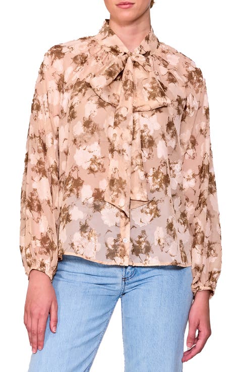 Print Tie Neck Button-Up Shirt