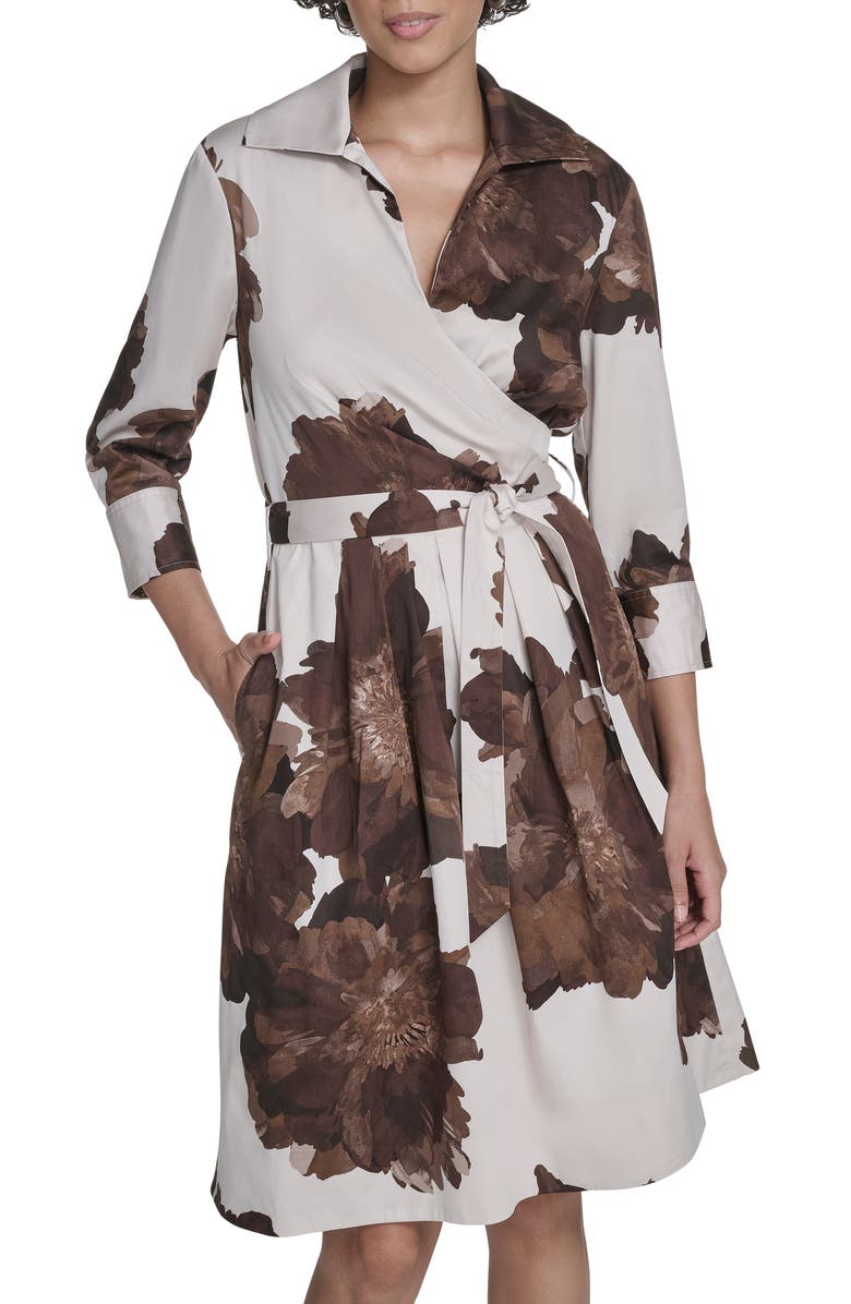 Calvin Klein Floral Stretch Cotton Wrap Dress, Alternate, color, Coffee Bean Multi