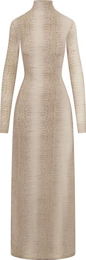 Crocodile Print Funnel Neck Long Sleeve Maxi Dress