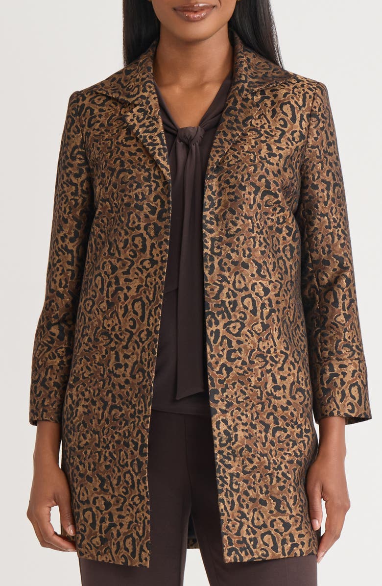 KASPER Leopard Jacquard Swing Jacket, Main, color, Dark Camel Multi