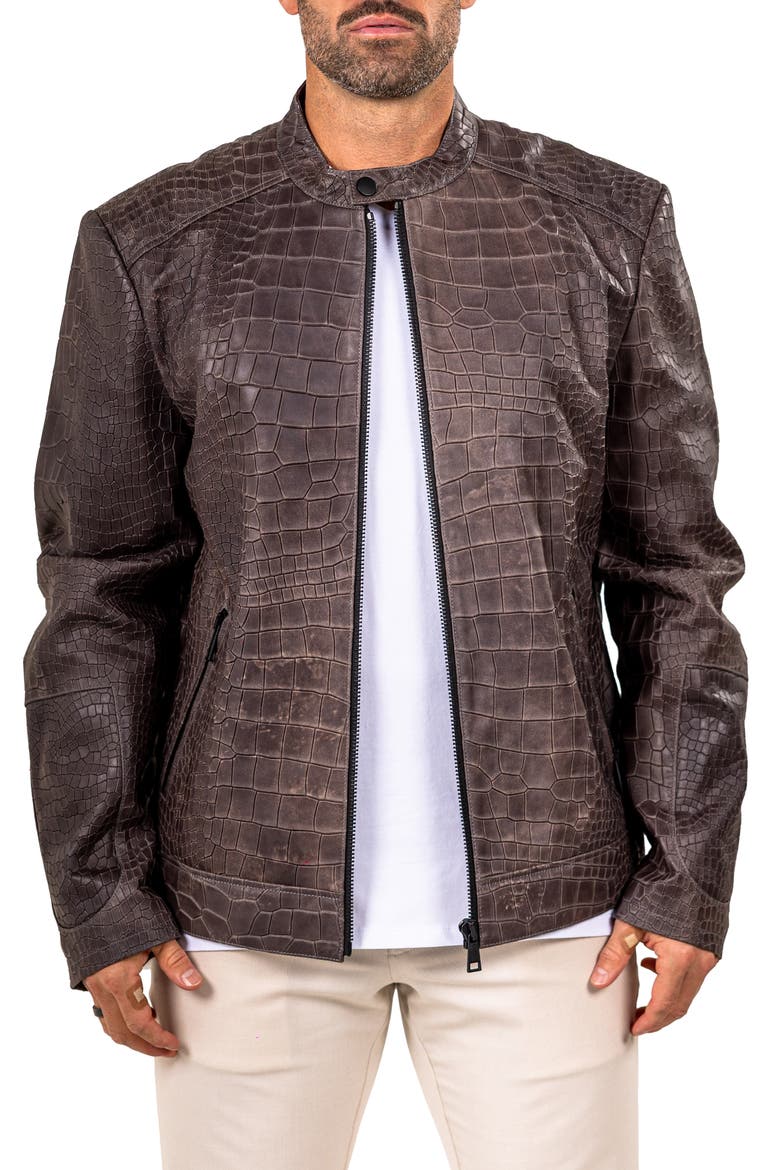 Marthyr Croc Embossed Leather Jacket, Main, color, GREY