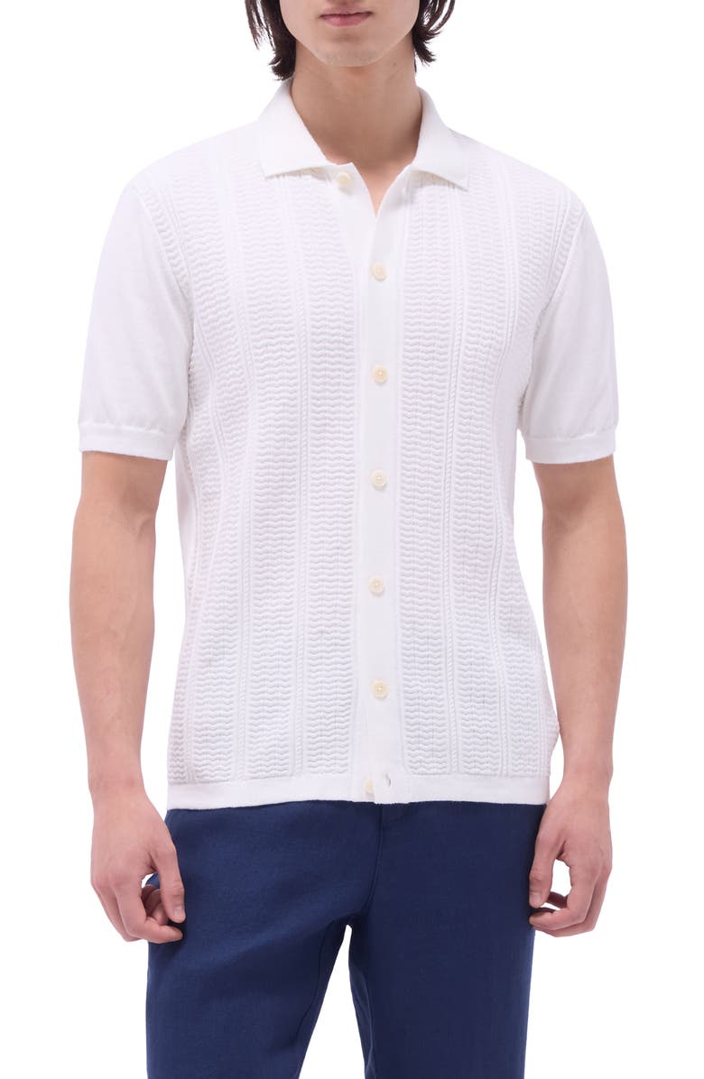 Bugatchi Chevron Short Sleeve Knit Button-Up Shirt, Main, color, Chalk
