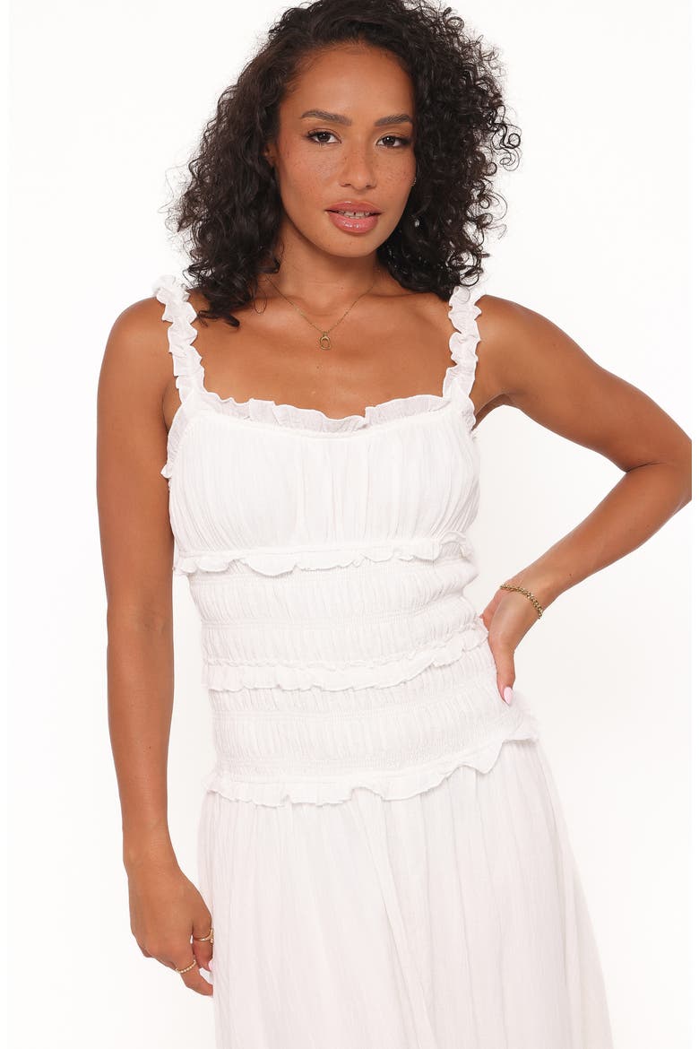 Enola Shirred Ruffle Trim Midi Dress, Alternate, color, WHITE