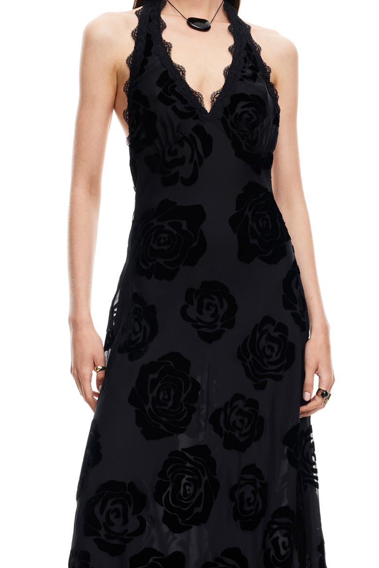 Stars Align Burnout Lace Halter Midi Dress, Alternate, color, BURNT NOIR ROSE