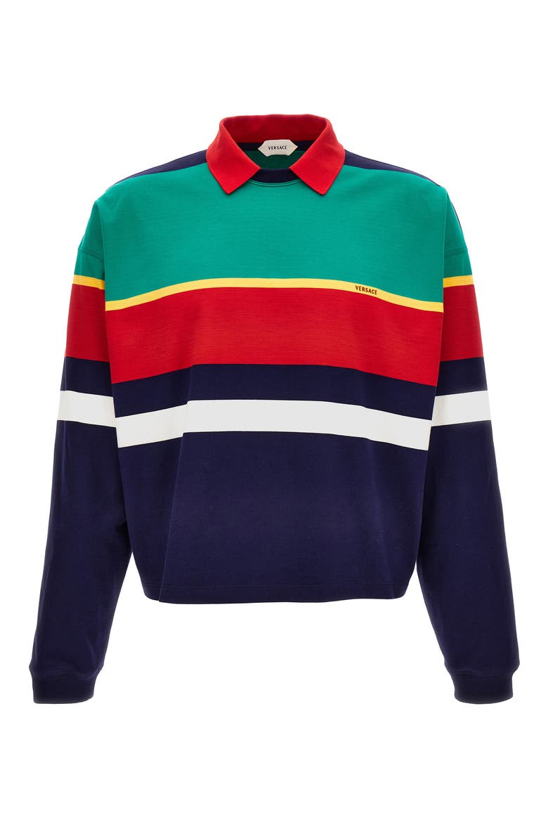 Stripe Heavyweight Cotton Jersey Polo Sweatshirt, Main, color, GREEN YELLOW LIPSTICK RED