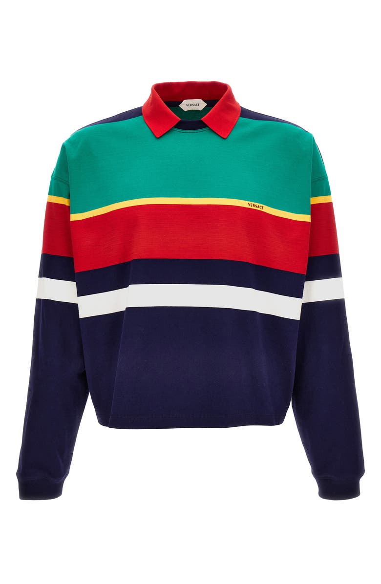 Versace First Line Stripe Heavyweight Cotton Jersey Polo Sweatshirt, Main, color, Green Yellow Lipstick Red