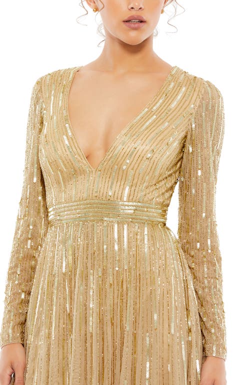 Mac Duggal Sequined Long Sleeve Plunging V-neck Gown In Taupe
