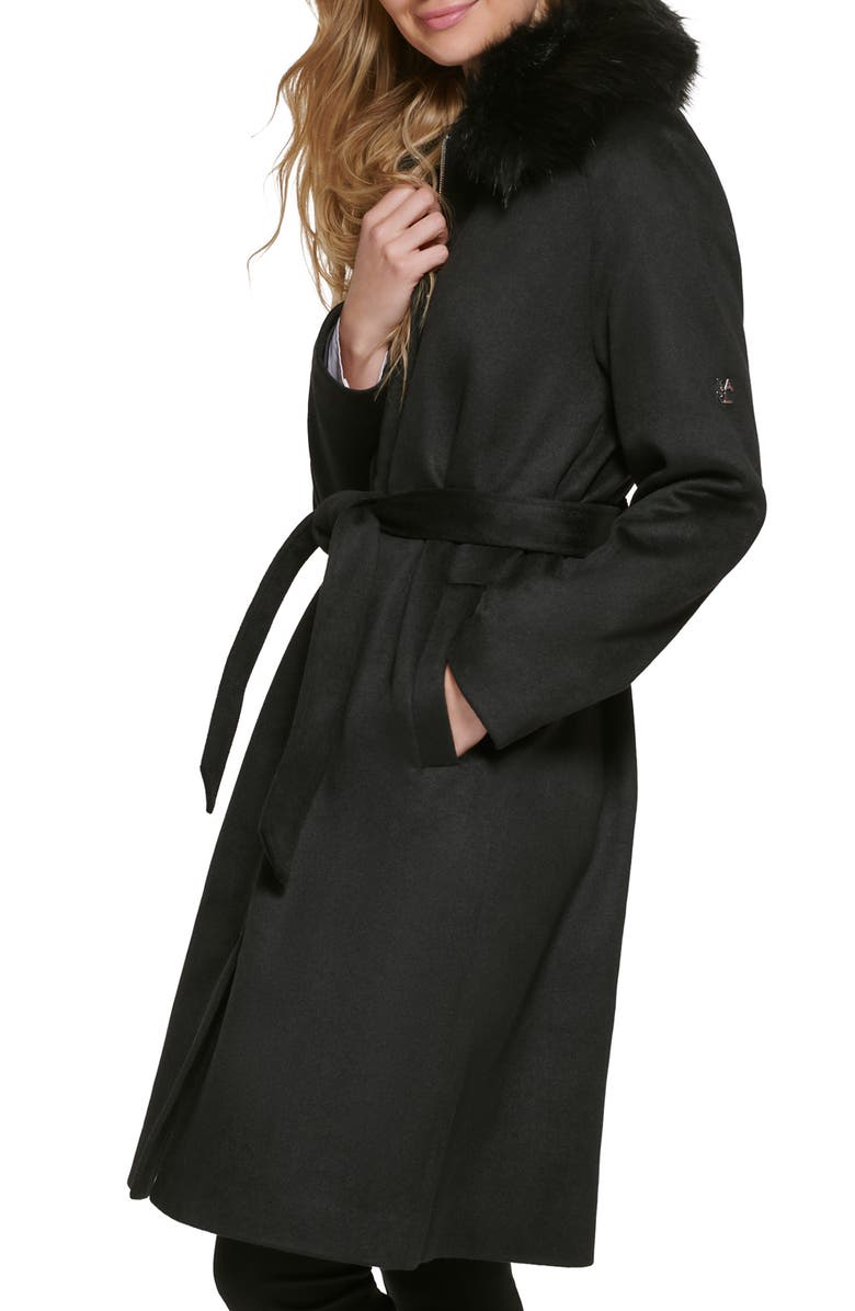 KARL LAGERFELD PARIS Luxe Belted Twill Wool Blend Coat with Removable Faux Fur Collar, Alternate, color, 