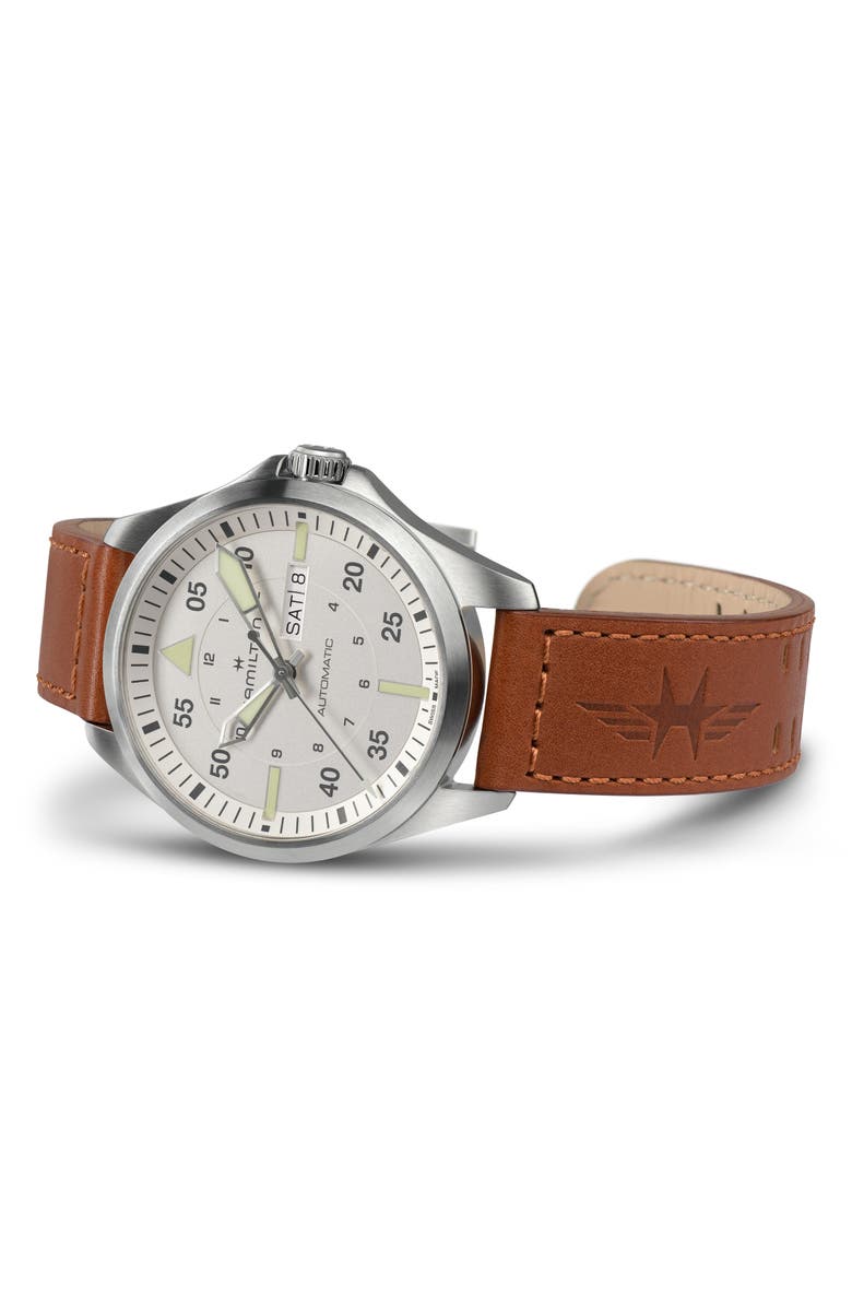 Hamilton Khaki Aviation Pilot Automatic Leather Strap Watch, 20mm, Alternate, color, 