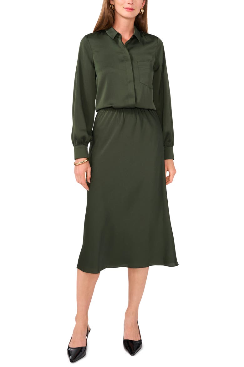 Long Sleeve Satin Button-Up Shirt, Alternate, color, MILITARY GREEN